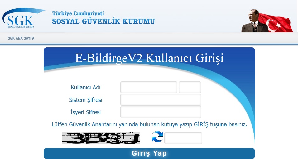 SGK E-BildirgeV2 kullanıcı giriş ekranı