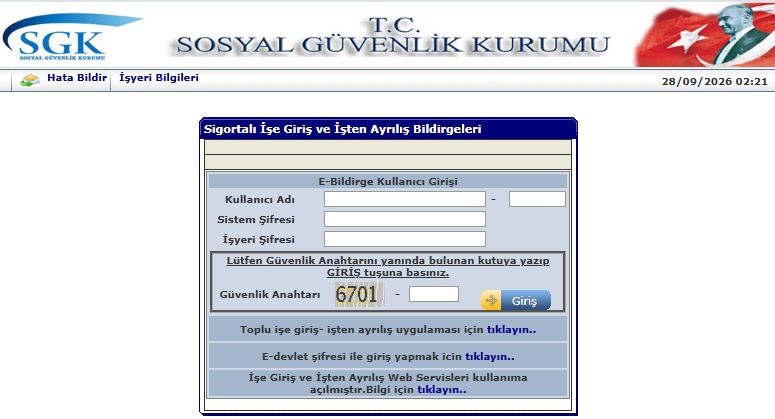 SGK İşe Giriş ve İşten Ayrılış Bildirgeleri giriş ekranı