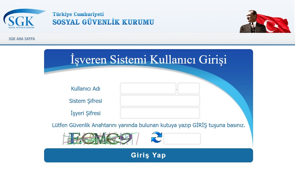 SGK İşveren Sistemi kullanıcı giriş ekranı