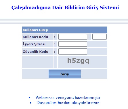 SGK Çalışılmadığına Dair Bildirim giriş ekranı