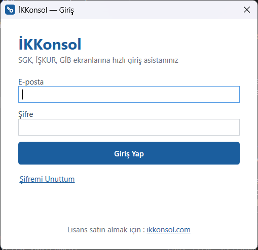 İKKonsol giriş ekranı: e-posta, şifre ve Giriş Yap düğmesi
